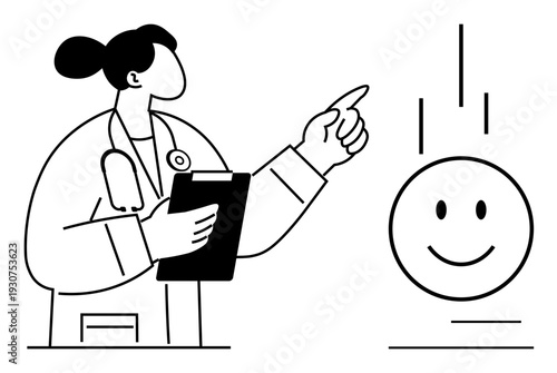 Positive emotions concept. A healthcare professional gestures to a smiling face, positive emotions. Positive emotions enhance wellness, communication, and caregiving. Applicable for healthcare