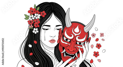 Woman with cherry blossoms in hair holding red demon mask