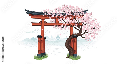 Vibrant Japanese torii gate with blooming cherry blossom tree