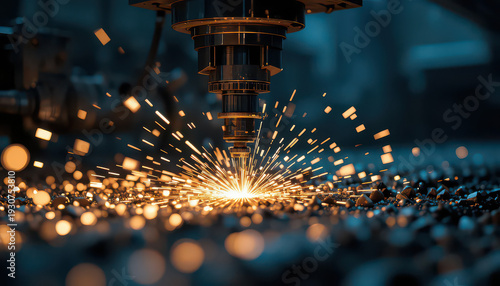 A powerful industrial laser cutting or welding machine head precisely operates on a rugged dark metallic surface, generating an impressive and dynamic burst of brilliant orange and yellow sparks that 