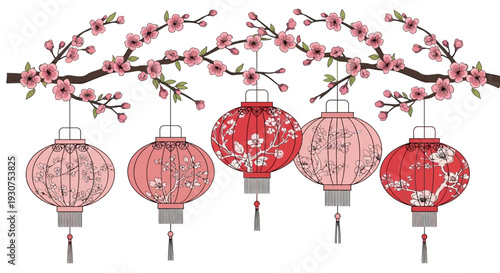 Vibrant pink and red lanterns hanging under blooming cherry blossom branches