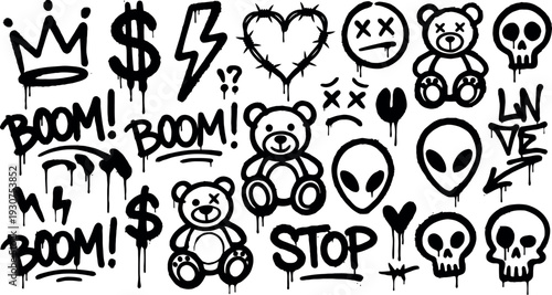 Urban graffiti icons set, collection of street art symbols and rebellion elements with spray paint drip and splatter effects.