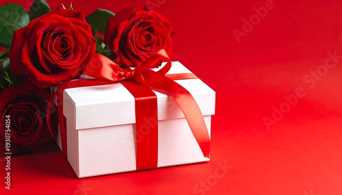 Red roses & white gift box with a red ribbon, against a matching scarlet background; a minimalist presentation