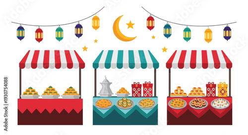 Ramadan market stalls decorated with a crescent moon and festive lanterns