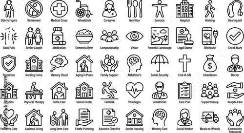 Elderly Care and Senior Healthcare Line Icons Set with Nursing Home, Assisted Living, Alzheimer Support, Medical Services and Retirement Planning Concepts