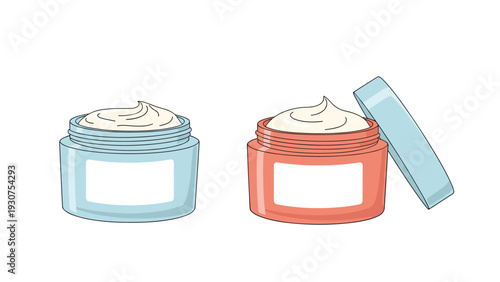 Pair of open cosmetic jars in blue and coral colors containing white facial moisturizer cream against a plain white background for skincare.