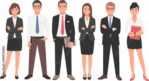 Illustration of six diverse business professionals in formal attire, symbolizing workplace collaboration, corporate culture, and teamwork, ideal for HR, branding, and office design projects