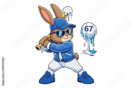 An illustrated blue bunny baseball player swings a dripping ice cream cone bat with determination and sporting a baseball cap.