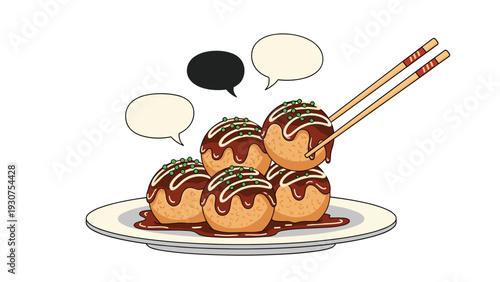 Delicious plate of octopus balls known as takoyaki served with sauce and green sprinkles and a pair of chopsticks on a white background.