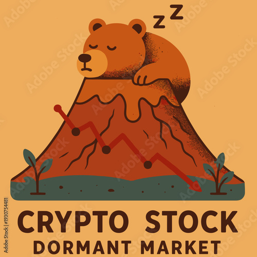 Bear sleeping on a volcano, representing dormant market, with downward trend in cryptocurrency.