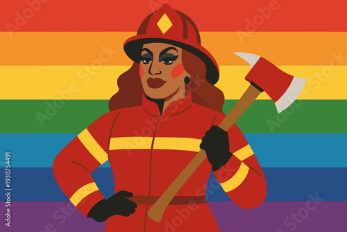 Pride firefighter character with an axe on a rainbow background 