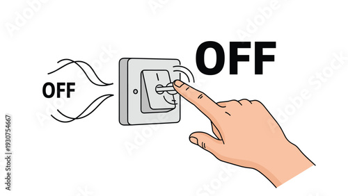 Human hand pressing a white wall switch to the off position to save energy with large text indicators on a plain white background.