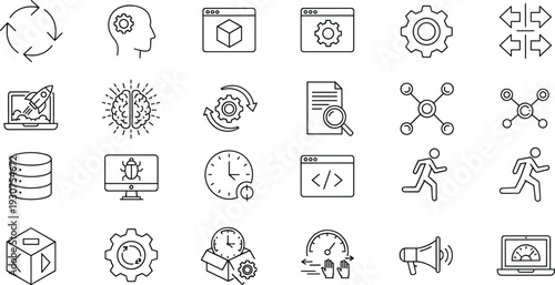 Modern Technology and Software Development Line Icons Set with Automation, Coding, Database, AI, Cloud Computing and Digital Transformation Concepts