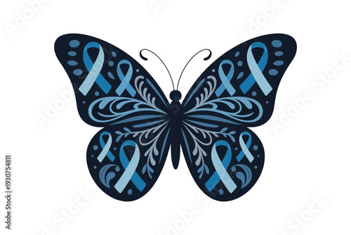 An ornate butterfly illustration is composed of swirling patterns and blue ribbons representing awareness and hope high-quality professional detailed modern.