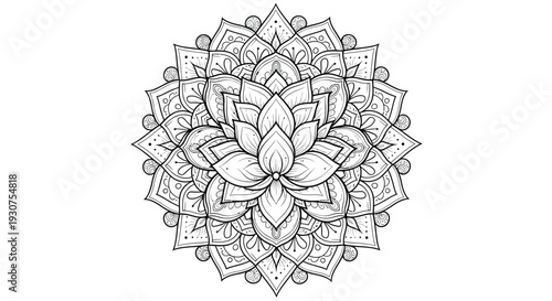 Intricate black and white mandala with floral and geometric patterns