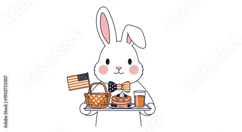 Cute Bunny with American Flag and Picnic Breakfast