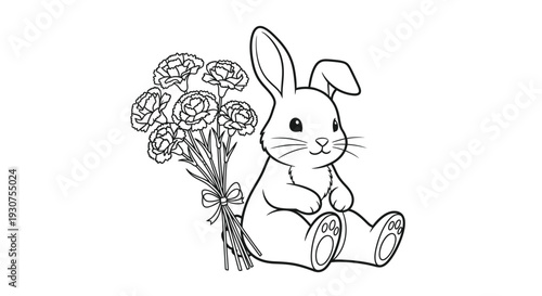 Cute Bunny with Bouquet of Flowers