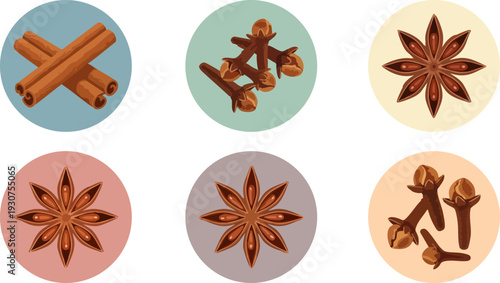 Set of 6 Spice Icons Vector with Cinnamon Sticks, Star Anise, and Cloves