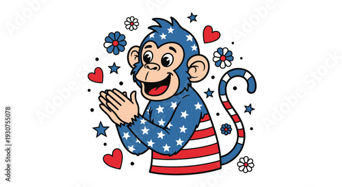 Chimpanzee wearing American flag shirt clapping with flowers and hearts