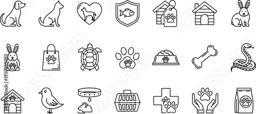 Pet Care and Veterinary Line Icons Set with Dog, Cat, Rabbit, Paw Print, Animal Shelter, Grooming and Pet Food Concepts