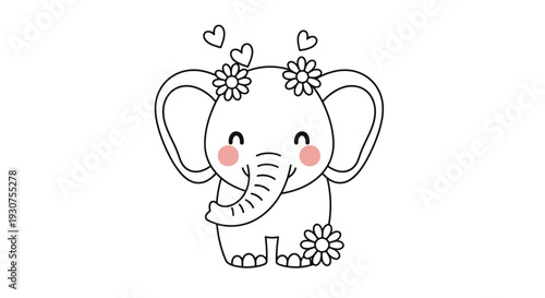 Cute Elephant with Flowers and Hearts in Whimsical Style