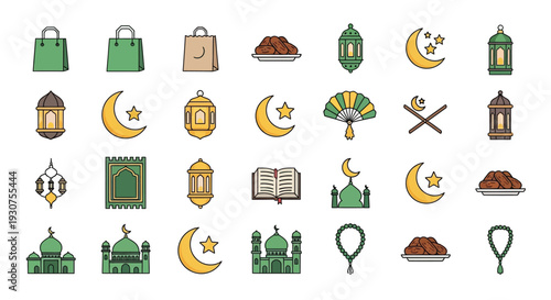 Colorful islamic themed icons depicting religious and cultural elements