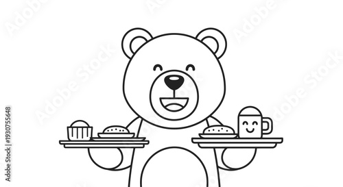 Happy bear serving snacks and drinks on trays