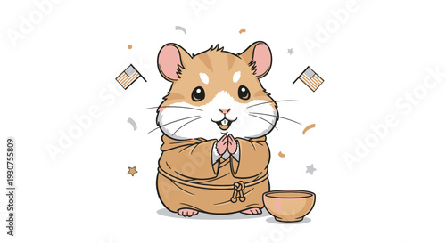 Cute Hamster in Traditional Robe with Bowls and Confetti
