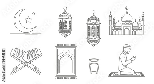 Islamic symbols and elements in a simple line art illustration