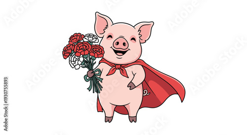 Cute Pig Hero with Bouquet of Flowers and Red Cape
