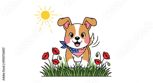 Cute American Flag Bandana Puppy in Sunlit Meadow