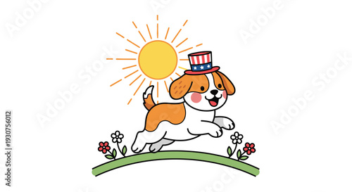 Happy Beagle in Sunlit Field with Flowers and American Flag Hat