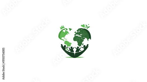 Global green earth, held by caring hands with people, representing environmental protection, sustainability, and community.