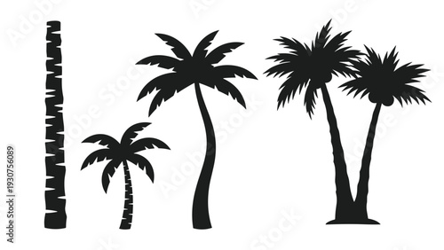 Set of black palm tree silhouettes showing different growth stages and trunk styles isolated on a plain white background.