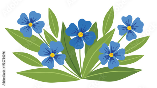 Beautiful illustration of blue forget me not flowers with bright green leaves arranged in a lush bundle for a spring garden feel.