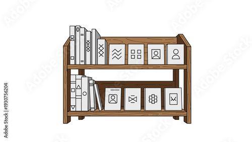 Small wooden bookshelf holding a variety of white books with different abstract symbols and icons on their covers.