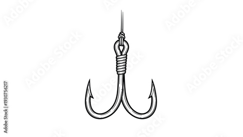 Detailed hand-drawn illustration of a metallic treble fishing hook with sharp barbs and a knot at the top eyelet.