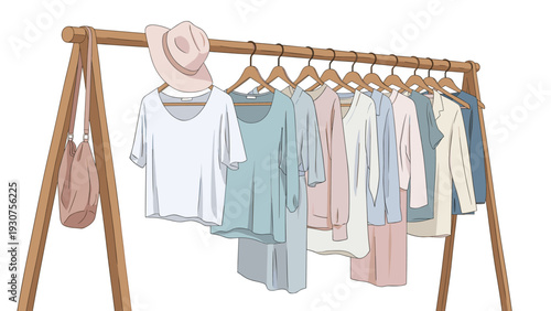 Stylish arrangement of light-colored garments and a pink hat hanging on a minimal wooden clothing rack with a matching bag.