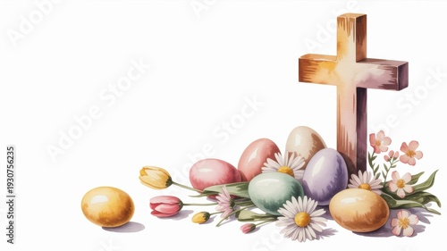 A spiritual composition combining the main symbols of the feast of the Bright Resurrection of Christ: a cross, Easter eggs and spring primroses. A photo with a place for the text.