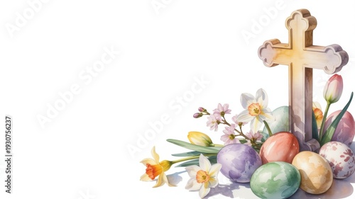 A spiritual composition combining the main symbols of the feast of the Bright Resurrection of Christ: a cross, Easter eggs and spring primroses. A photo with a place for the text.