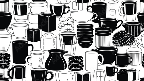 Intricate black and white pattern filled with various cups, mugs, jars, and stacks of round cookies in a dense layout.