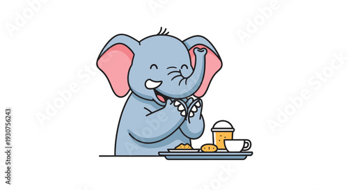 Baby elephant eating waffles with coffee on tray