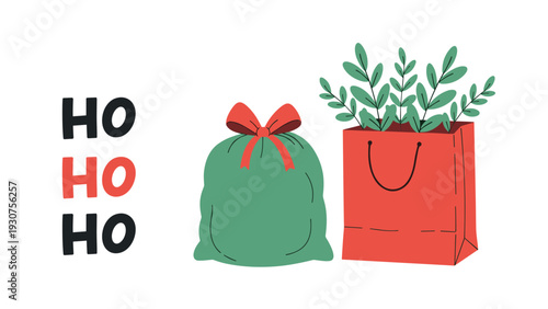 Festive Christmas illustration featuring a green gift bag, a red bag with green plants, and the festive text ho ho ho.