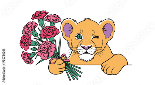 Lion cub presenting bouquet of pink carnations