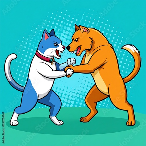 Blue cat & orange dog fight, stylized, faces near. Dotted blue background on turquoise