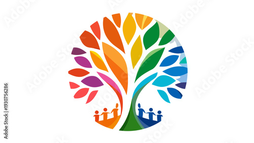 Vibrant Community Tree with Diverse People Silhouettes Representing Unity, Growth, Social Support, and Diversity
