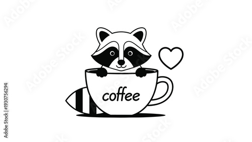 Adorable black and white illustration of a raccoon peaking out from a coffee mug next to a small heart symbol.