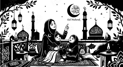 A black-and-white illustration depicts a mother holding her child in her arms and shows him the moon. 
