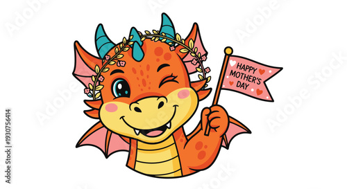 Cute dragon with Mother's Day flag in flower crown
