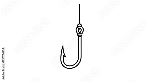 Simple black and white line drawing of a sharp metal fishing hook hanging vertically from a thin line against a white background.